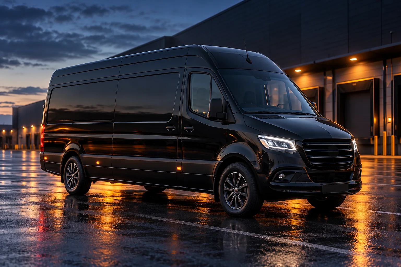 Black delivery van in a British commercial yard with orange reflections on wet asphalt; AI-generated brand concept